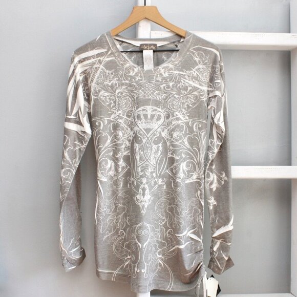 Baby Phat VTG Y2K Gray White Graphic Diamond Accent Long Sleeve Top Size XL NWT - Picture 1 of 7